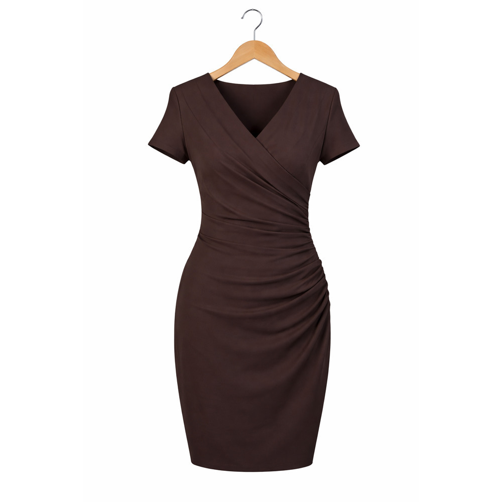 Joseph Ribkoff Ruched Sheath Dress Size 8 Bodycon Short Sleeve Brown Cocktail - Picture 3 of 10